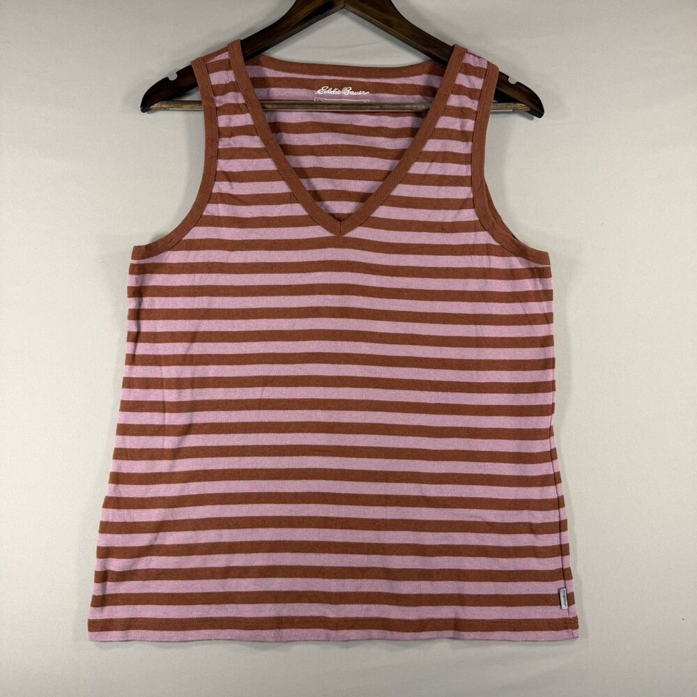 Eddie Bauer Women’s XL Striped Tank Top Brown & Pink Cotton Sleeveless Casual